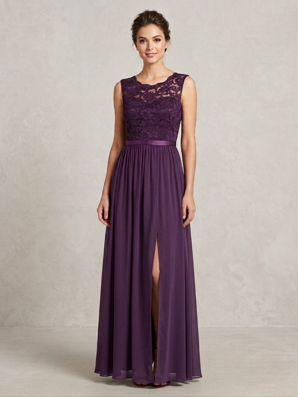 David’s Bridal Bridesmaid Dress Lace Bodice Chiffon Plum Purple Maxi Dress